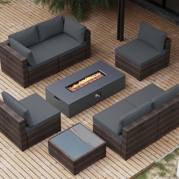8-Pieces Wicker Patio Furniture Set with Gas Propane Concrete Fire Pit Table with Coffee Table and Cushions, Dark Gray