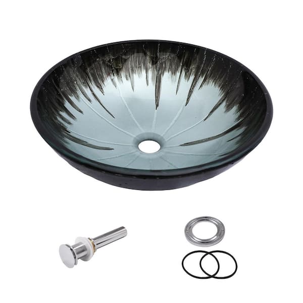 16.54 in. W x 16.54 in. D. Above Countertop Round Bathroom Glass Vessel Sink Art Basin with Drainer in Dark Cyan