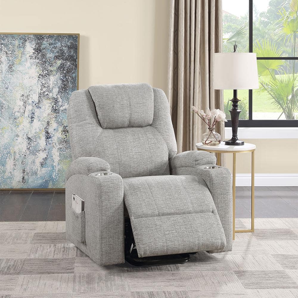 Gray Leather Power Lift Recliner with Wood Frame