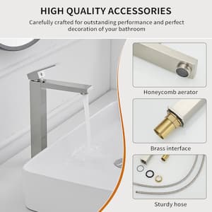 Single Hole Single Handle Bathroom Vessel Sink Faucet With Self-cleaning Nozzles Supply Hose in Brushed Nickel