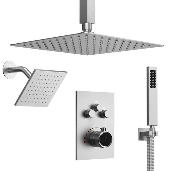 7-Spray Patterns Thermostatic 12 in. and 6 in. Ceiling Mount Fixed and Handheld Shower Head in Brushed Nickel