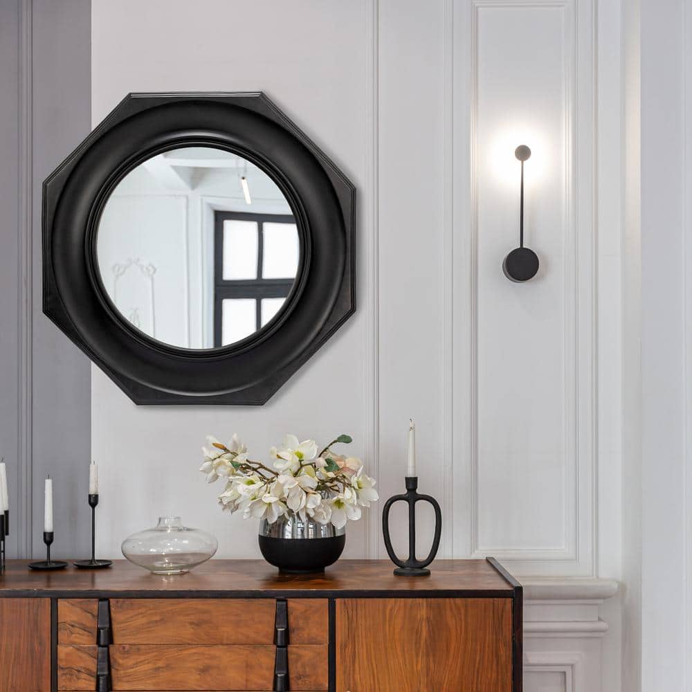 Hexagonal Black Wood Framed Wall Mirror