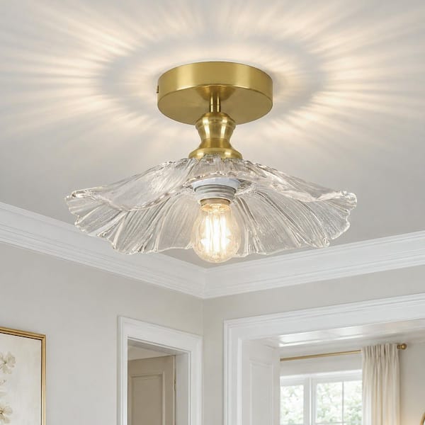 BeamHaven 11 in. Round Brushed Clear Flower Semi-Flush Mount Hallway Ceiling Light for Bedroom Foyer Kitchen Island