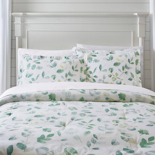 Home Decorators Collection Viola 3-Piece Green and White Watercolor Botanical Cotton Full/Queen Comforter Set