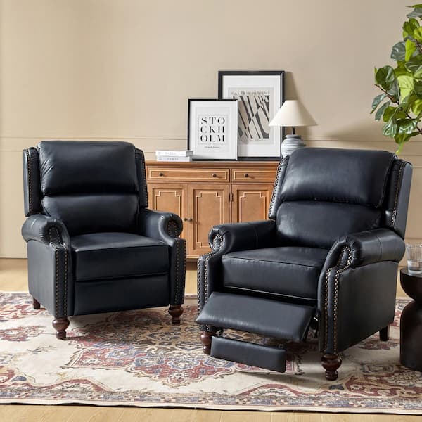 Elisabete Modern Retro Navy Nail Head Trim Genuine Leather Cigar Recliner with Tapered Birch Wood Legs (Set of 2)