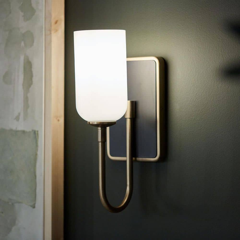 Solia 13.5 in. 1-Light Champagne Bronze with Black Bathroom Wall Sconce Light with Opal Glass Shade price history on PriceWatchPro