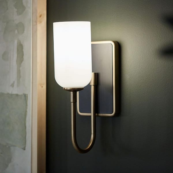 Solia 13.5 in. 1-Light Champagne Bronze with Black Bathroom Wall Sconce Light with Opal Glass Shade