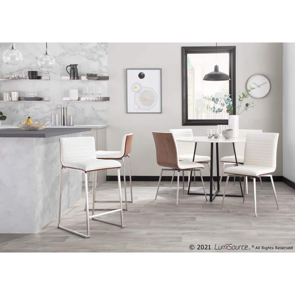 Elegant 26" Mara Modern Counter Stool in White Faux Leather and Walnut