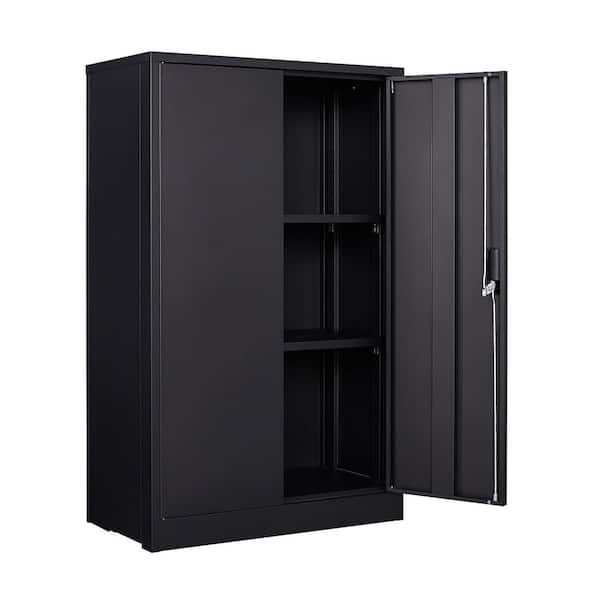 Black Metal Storage Cabinet with Locking Doors and Adjustable Shelf for Home Office, School, Garage