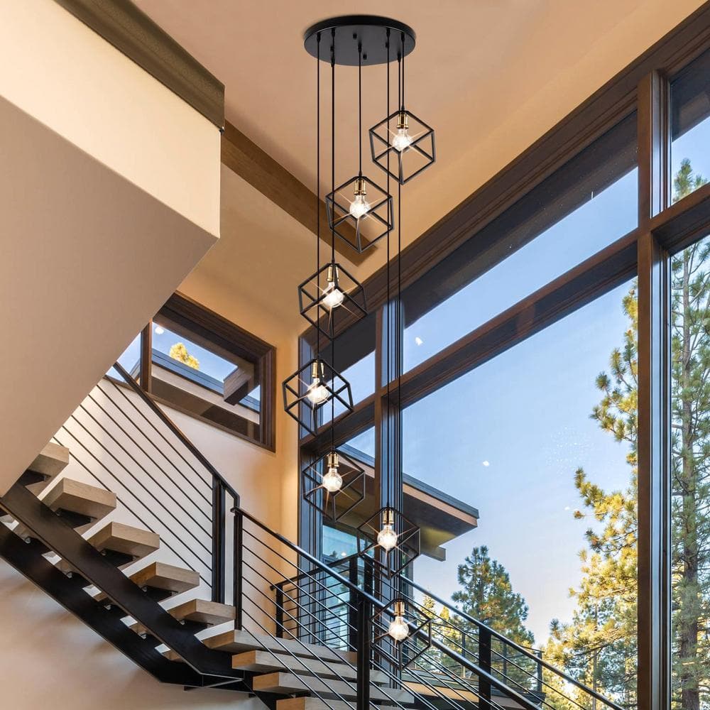 Black Geometric Cage 7-Light Cluster Stairway Chandelier