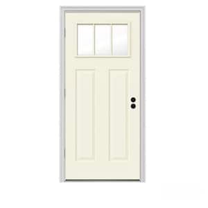 32 in. x 80 in. 3 Lite Craftsman Vanilla Painted Steel Prehung Right-Hand Outswing Front Door w/Brickmould