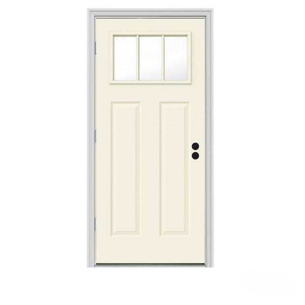 JELD-WEN 32 in. x 80 in. 3 Lite Craftsman Vanilla Painted Steel Prehung Right-Hand Outswing Front Door w/Brickmould