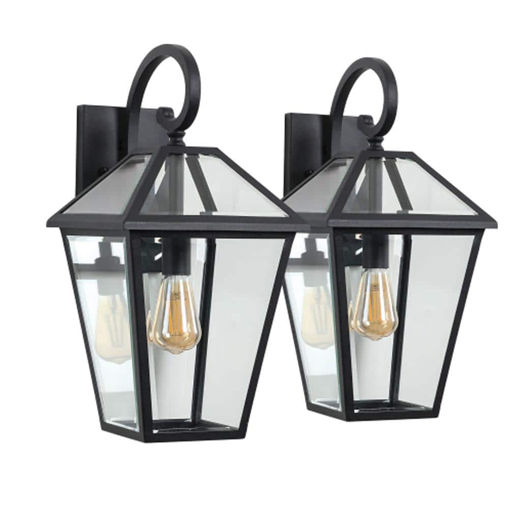 2-Pack Black Dusk to Dawn Sensor Outdoor Wall Lantern Sconce with Clear Gla