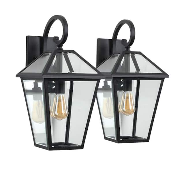 2-Pack Black Dusk to Dawn Sensor Outdoor Wall Lantern Sconce with Clear Glass Panels, Weatherproof Integrated LED