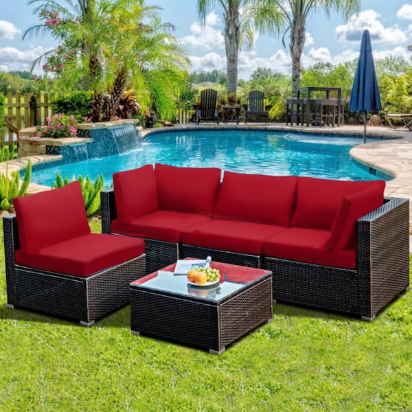 Kadehome Brown 5-Piece Wicker Patio Conversation Set with Red Cushions