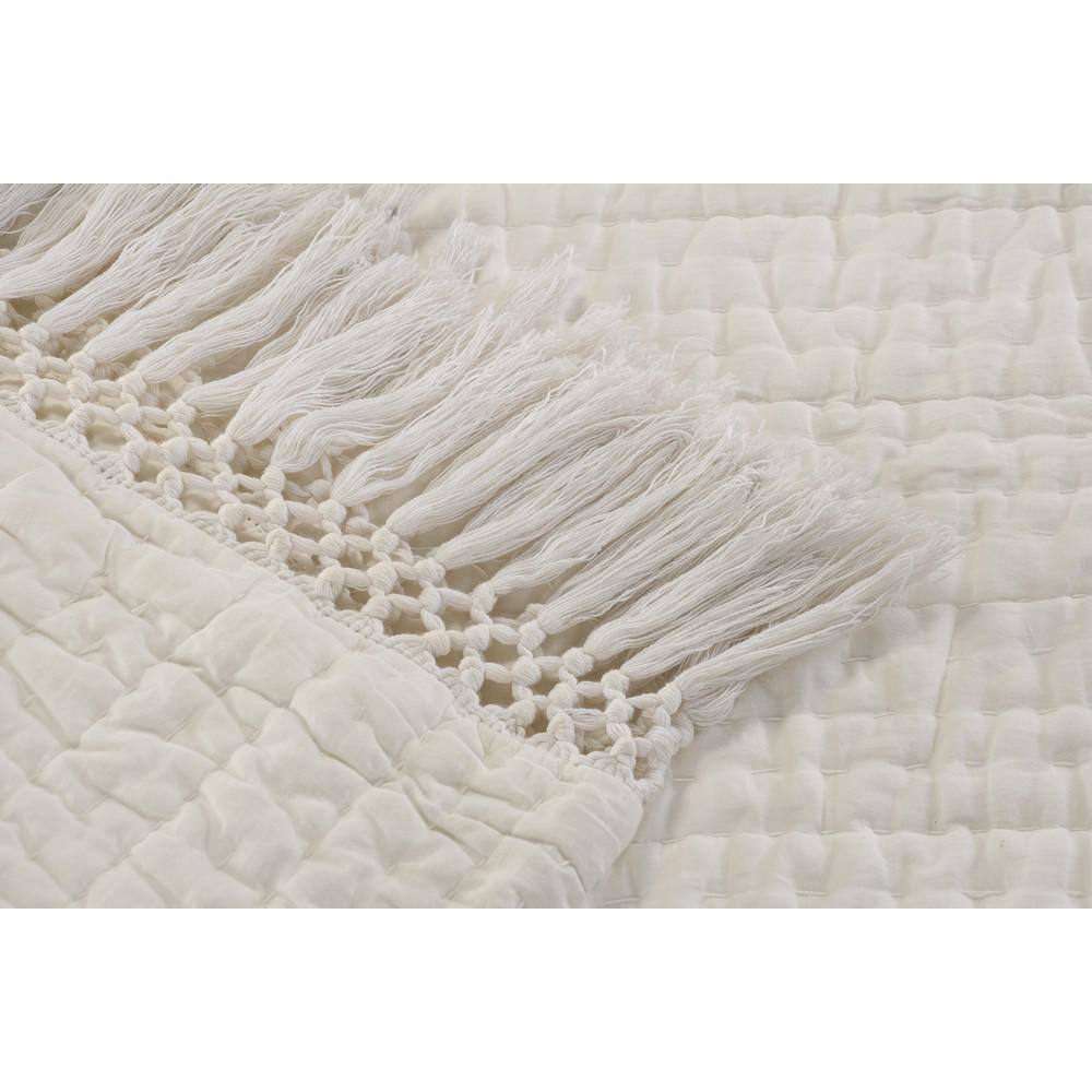 Ivory Cotton Reversible Throw Blanket with Fringe