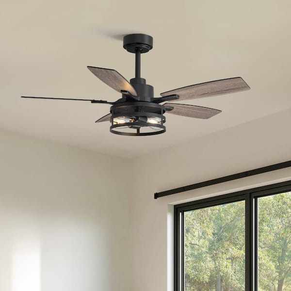 42-Inch Retro 3-Grid Caged Ceiling Fan with Light, Black Downrod + Wood-Grain Blades-Cozy Ambient Lighting