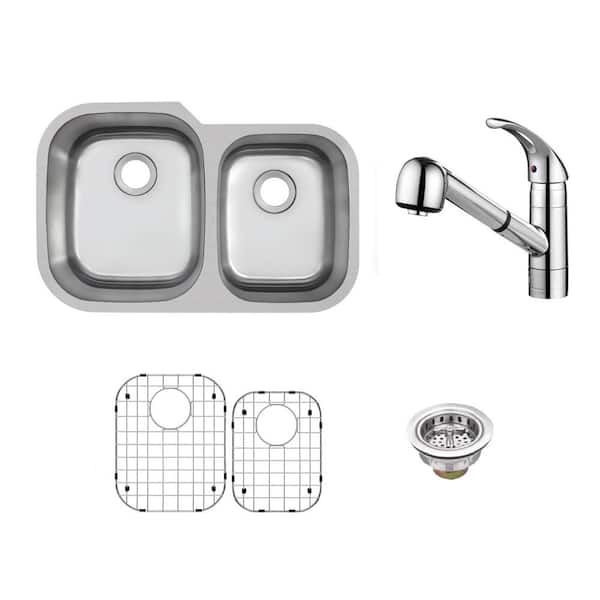 31.5 in. Undermount 60/40 Double Bowl 16-Gauge Stainless Steel Kitchen Sink with Pull-Out Polished Chrome Kitchen Faucet