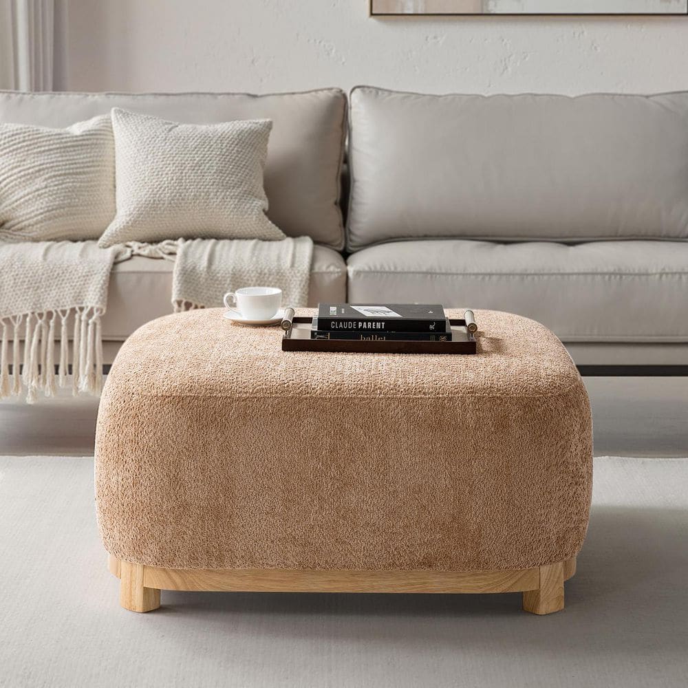 Aletia Sand Polyester Rectangle Ottoman with Solid Wood Legs