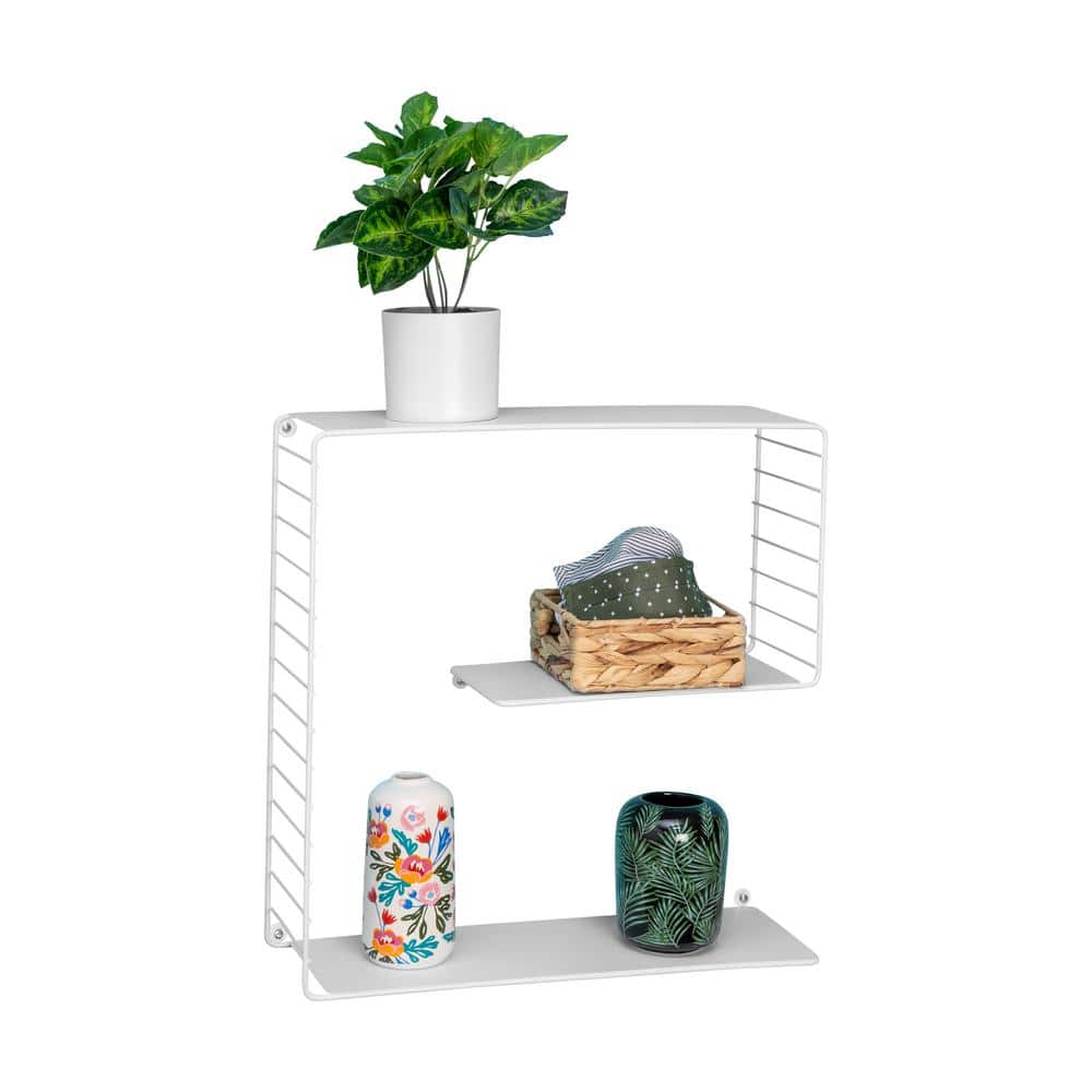 White Steel 3-Tier Floating Wall Shelf with Geometric Track