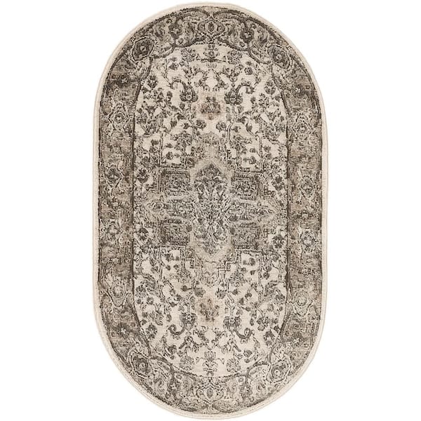 Nourison Concerto Ivory Grey 3 ft. x 5 ft. Center Medallion Traditional Oval Area Rug