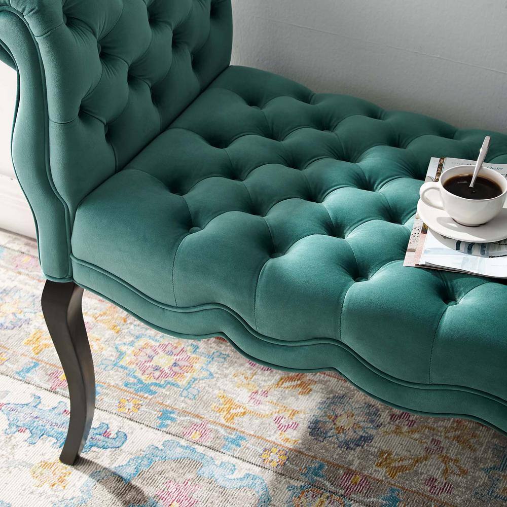 Adelia Teal Velvet Button Tufted Storage Bench with Rolled Armrests