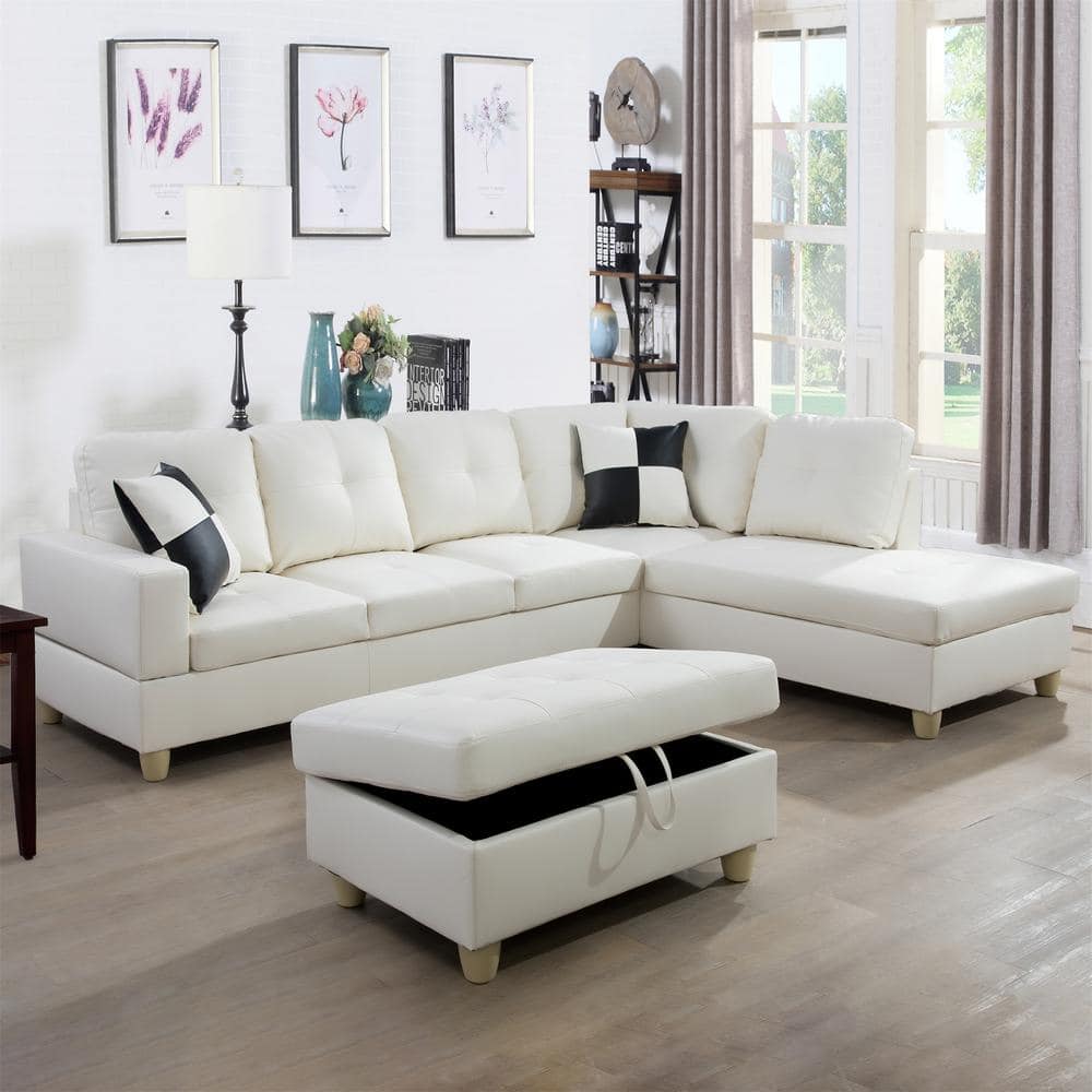 103.5 in. W Square Arm 3-Piece L Shaped Faux Leather Sectional Sofa in Whit
