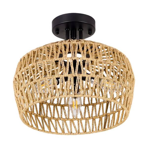HKMGT 12.6 in. 3-Light Brown Boho Rattan Semi Flush Mount Ceiling Light ...