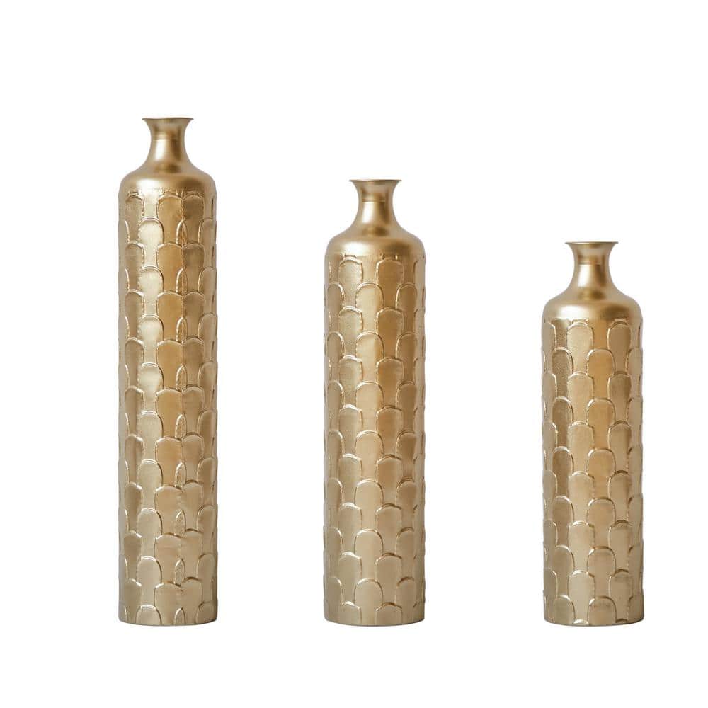 34 in. Gorgeous Gold Floor Large Glazed Metal Cylinder Decorated Vases Set 