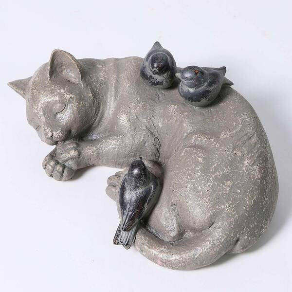 Luxenhome Napping Cat With Birds Garden Statue Whst388 The Home Depot Luxenhome Napping Cat With Birds Garden, Cat Garden Statue Home Depot