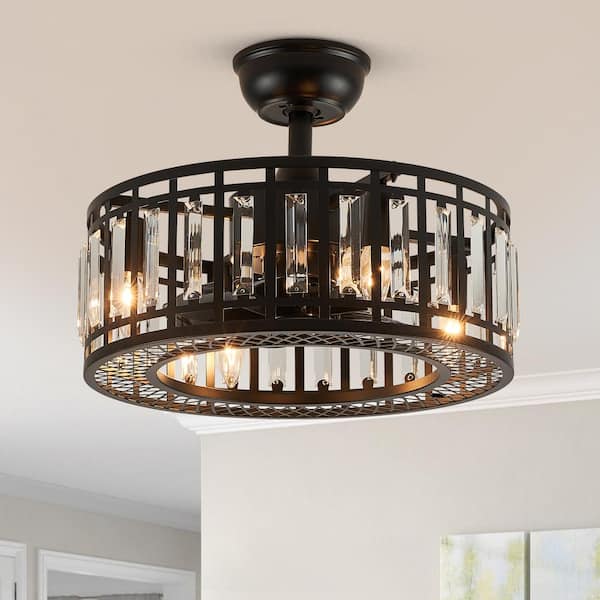 ANTOINE 18 in. Indoor Modern Black Crystal Ceiling Fan with Light Small Caged Bedroom Ceiling Fan with Remote