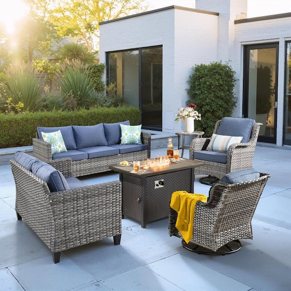 Muse 6-Pieces Wicker Outdoor Patio 42 in. Rectangular Fire Pit Set and Swivel Rocking Chairs with Denim Blue Cushions