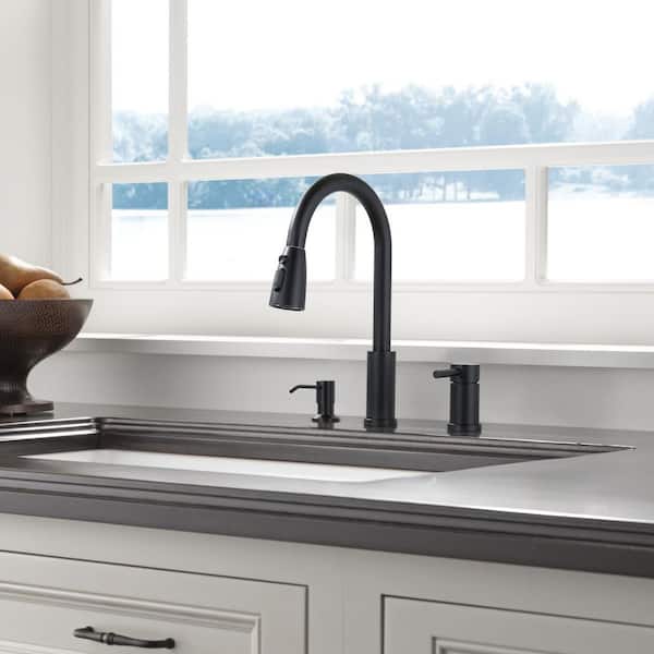 15 in. H Pull Down Sprayer Kitchen Faucet with Soap Dispenser, 360° Swivel Spout in Matte Black