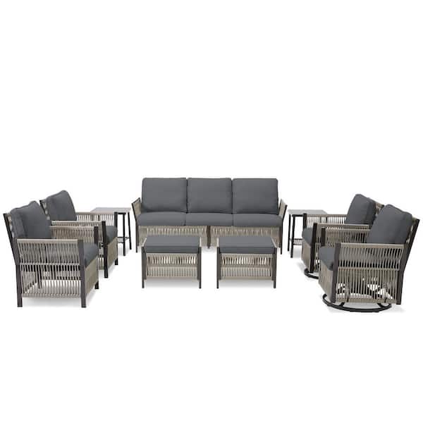 9-Piece Wicker Patio Conversation Set with Gray Cushions, Handwoven Wicker Outdoor Chair Set