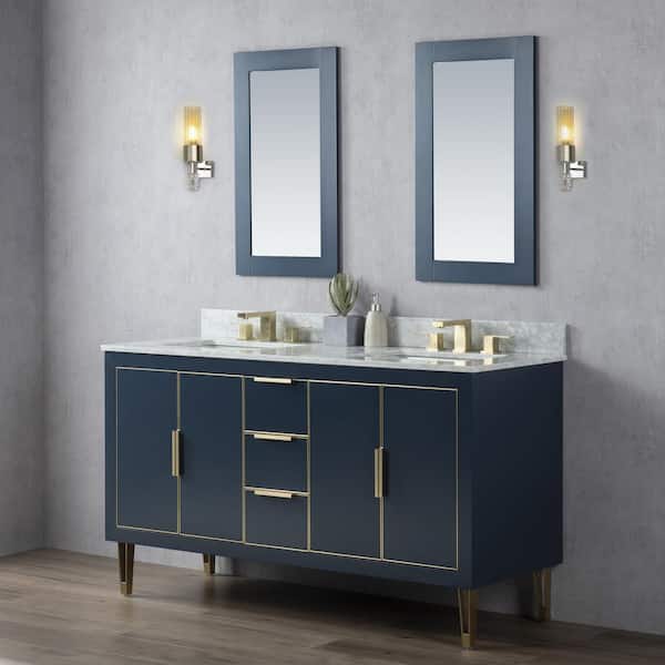 DESwan 60 in. W x 22 in. D x 34.3 in. H Double Sink Freestanding Bath Vanity in Navy Blue with White Carrara Marble Top