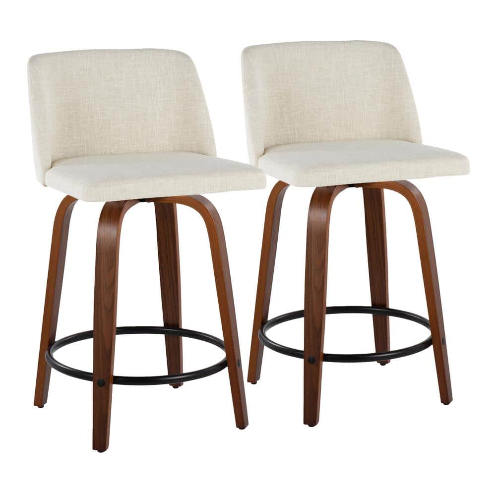 Off-White Swivel Upholstered Counter Stool with Walnut Legs, Set of 2