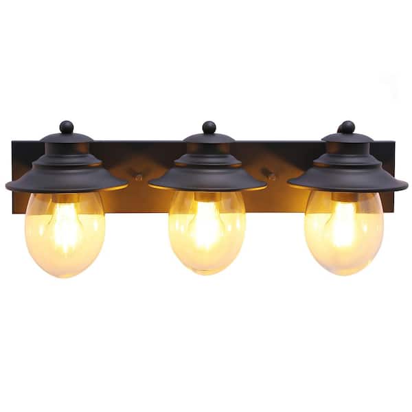 PUDO 22.75 in. 3-Light Modern Black LED Bathroom Vanity Light with High Transparency Glass Cover