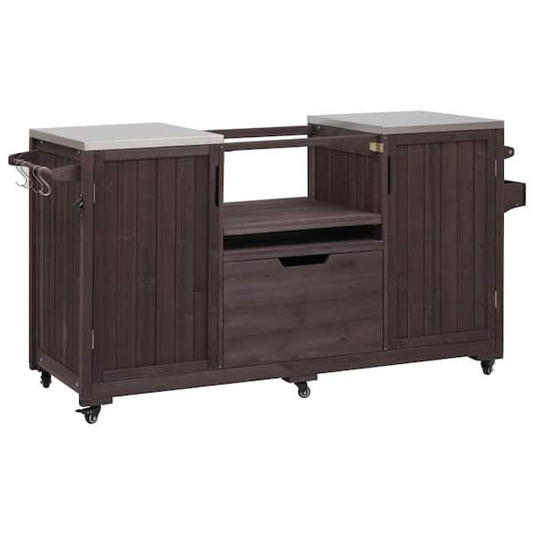 Nestfair Wood 23 in. W x 66.5 in. L x 34.3 in. H Outdoor Kitchen Cabinet in Brown with Stainless Steel Top and 6 Wheels
