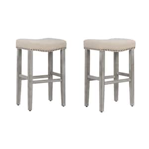 Jameson 29 in. Bar Height Antique Gray Wood Backless Barstool with Beige Upholstered Linen Saddle Seat Stool (Set of 2)