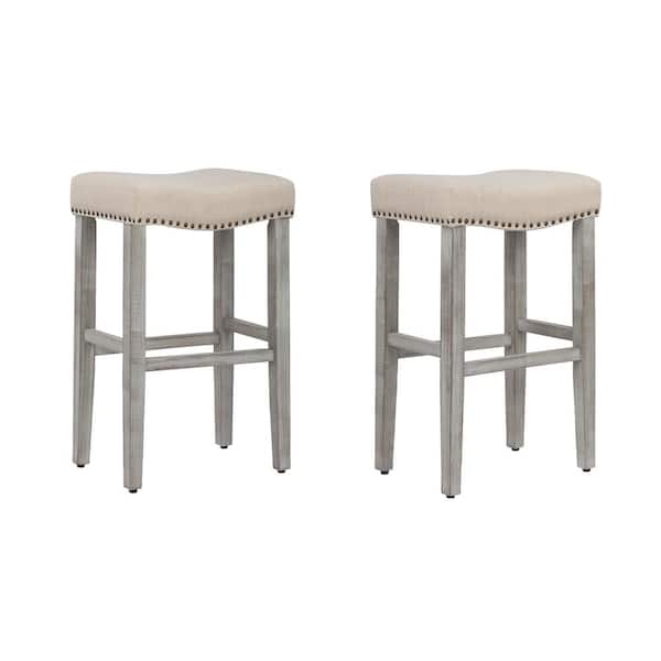 WESTINFURNITURE Jameson 29 in. Bar Height Antique Gray Wood Backless Barstool with Beige Upholstered Linen Saddle Seat Stool (Set of 2)