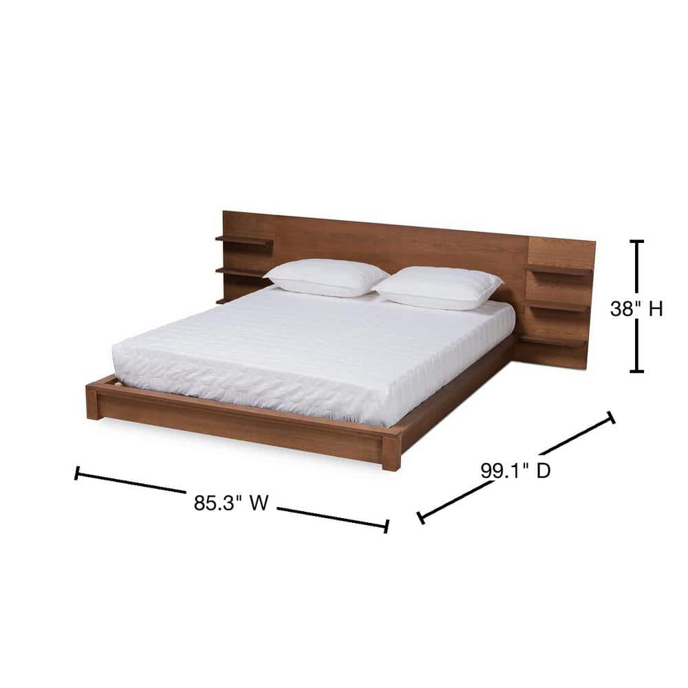 Walnut Brown Wood Queen Platform Storage Bed with Shelves