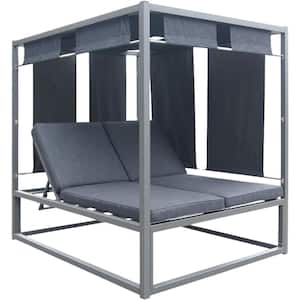 Dark Grey Metal Outdoor Day Bed Lounge, Aluminum Frame with Sun-Shaded Canopy and Water-Resistant Fabric Cushion