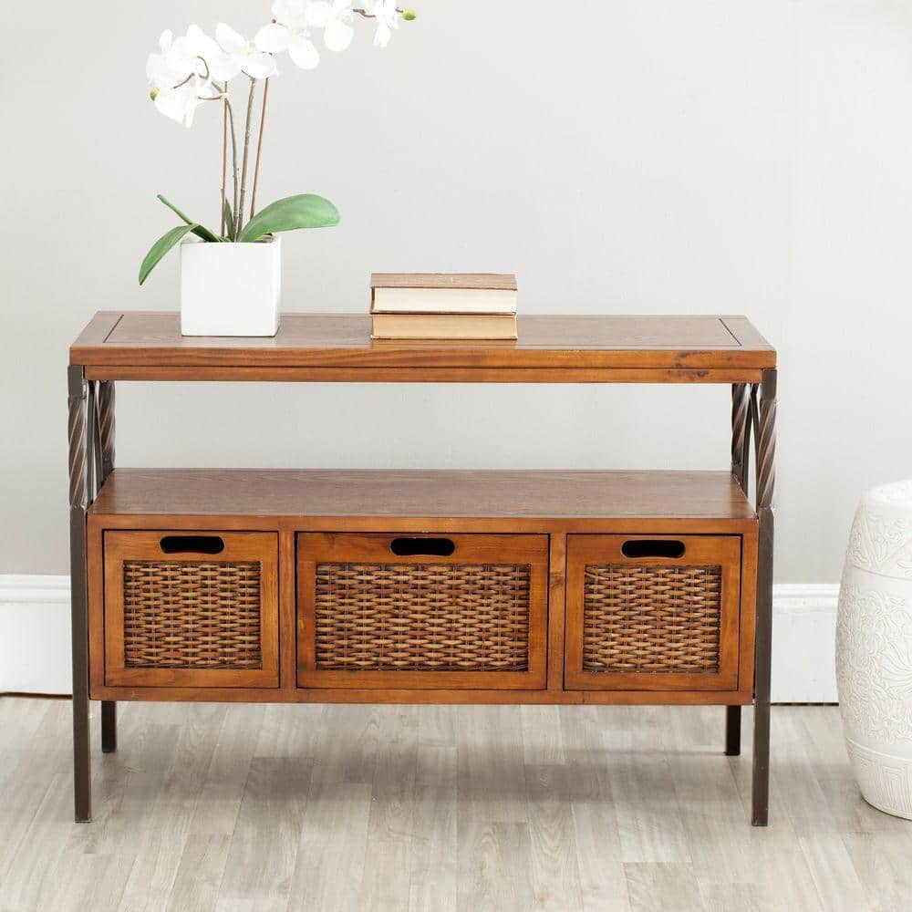 Transitional Joshua 3-Drawer White Media Console with Wicker Accents