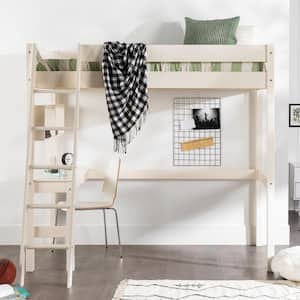 White Solid Wood Modern Twin Loft Bed with Built-In Desk