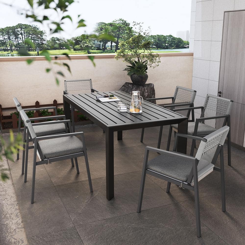 Black 7-Piece Aluminum Outdoor Dining Set, Patio Dining Table and 6-Dining 