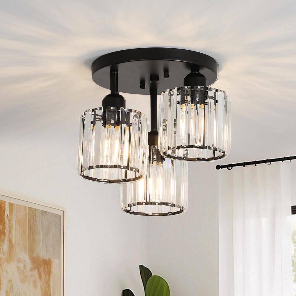 10.6 in. 3-Light Black Semi-Flush Mount Ceiling Light With Crystal Shade and No Bulbs Included price history on PriceWatchPro