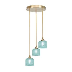 Villa 15 in. 3-Light New Age Brass Cluster Pendant Light with 6 in. Turquoise Textured Glass Shades, no bulbs included