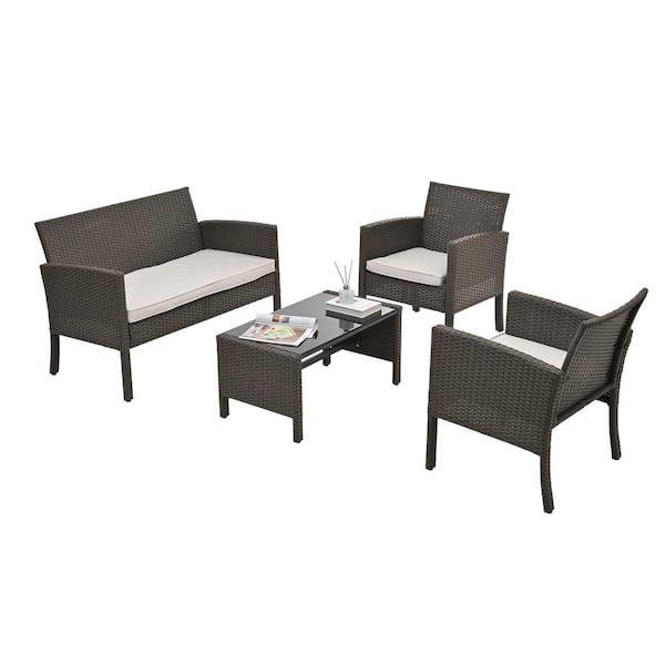 Tenleaf 4-Piece Brown Wicker Patio Conversation Set with Beige Cushions, Coffee Table Porch