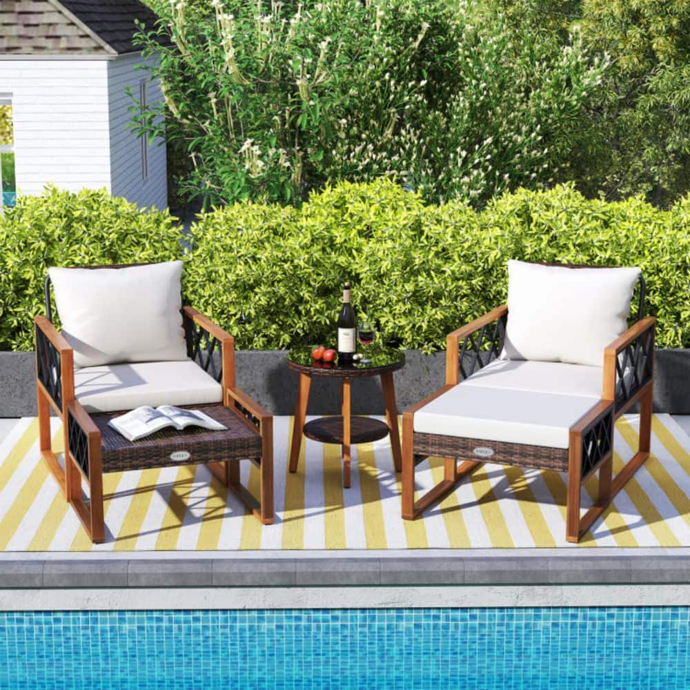 5-Piece Wicker Patio Conversation Set with White Cushions, 2-Tier Tempered Glass Table & Versatile Ottomans price history on PriceWatchPro