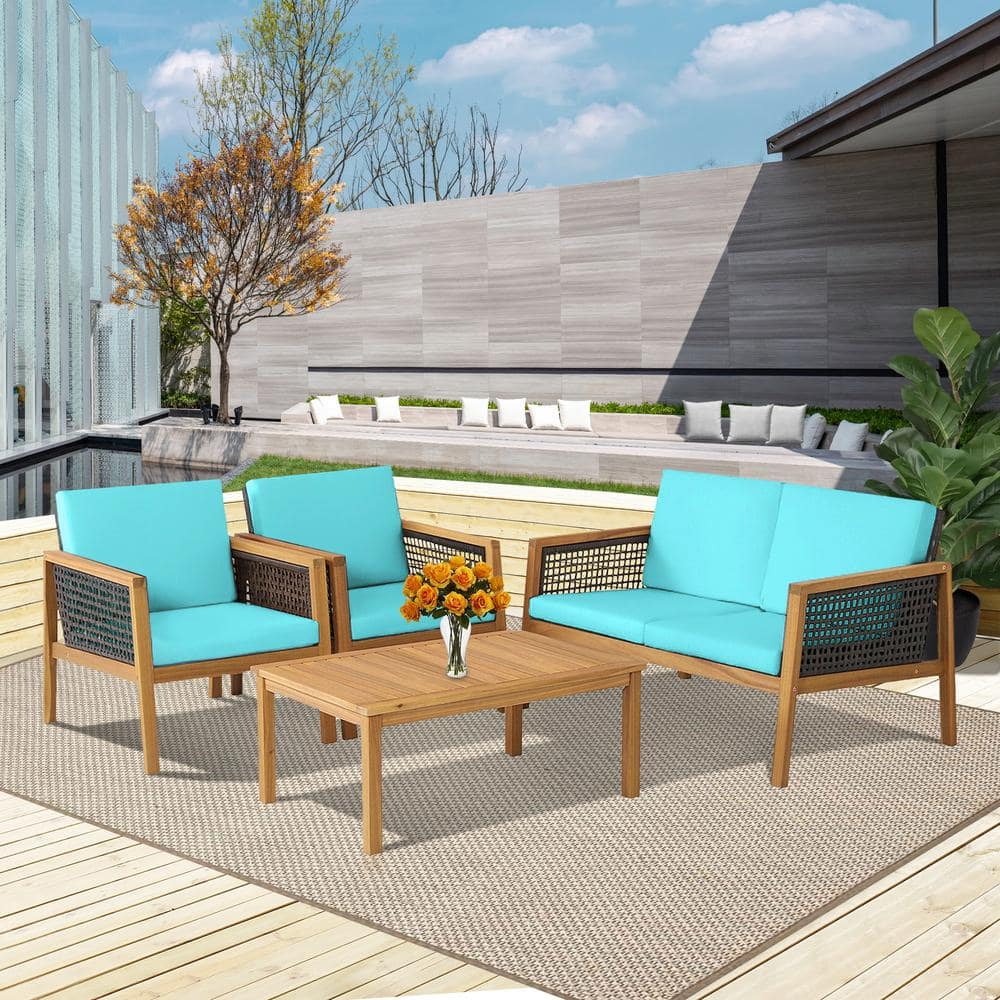 Turquoise 4-Piece Acacia Wood and PE Rattan Patio Set